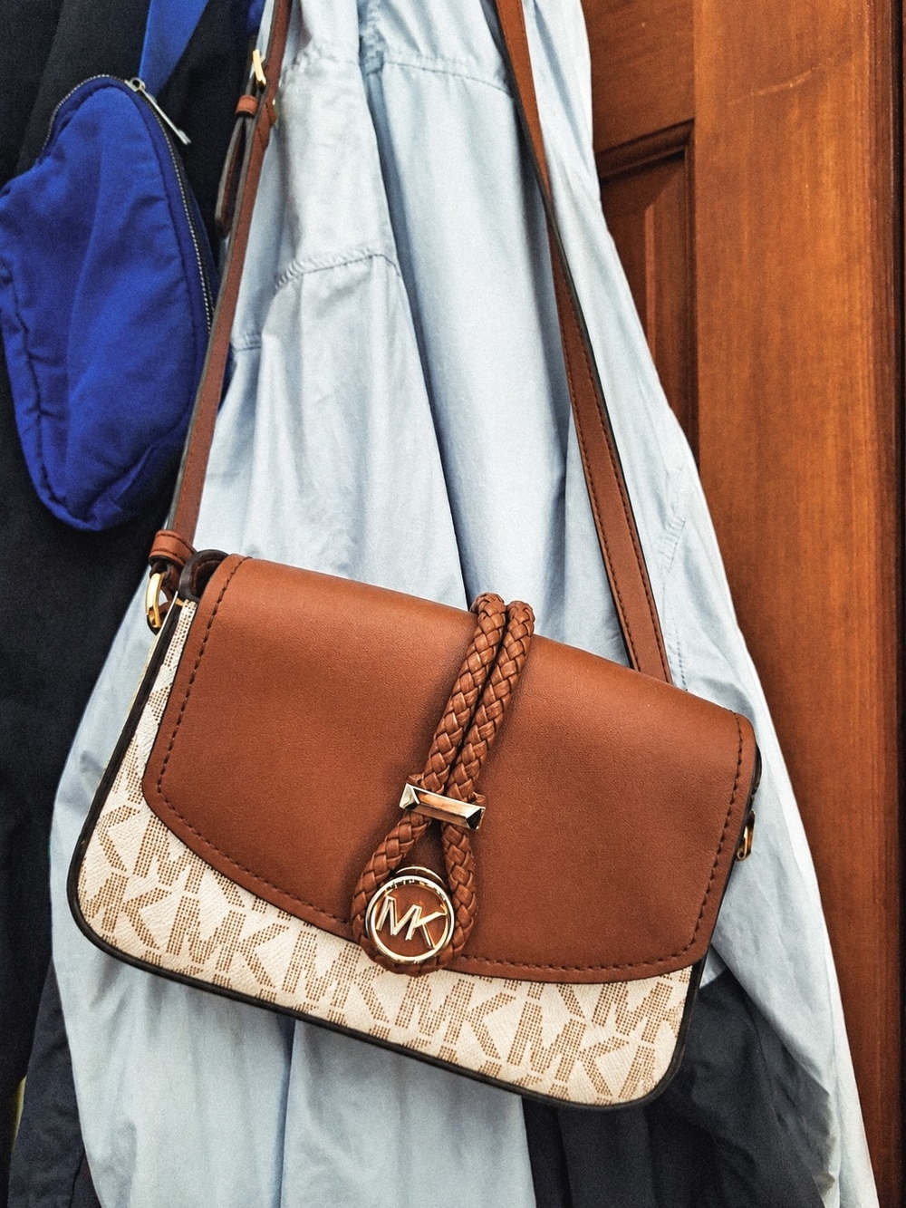 Michael Kors Tan & Cream MK Logo Braided-Accent Crossbody